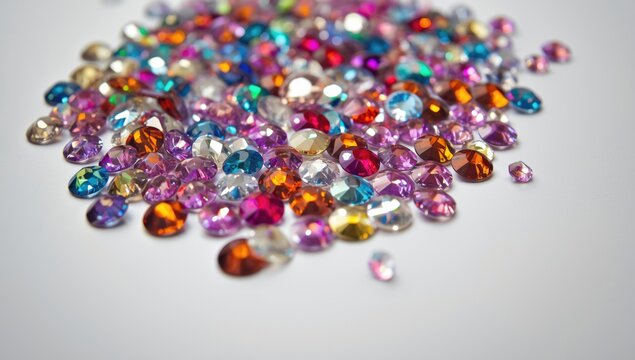 Colorful rhinestones scattered on a white surface