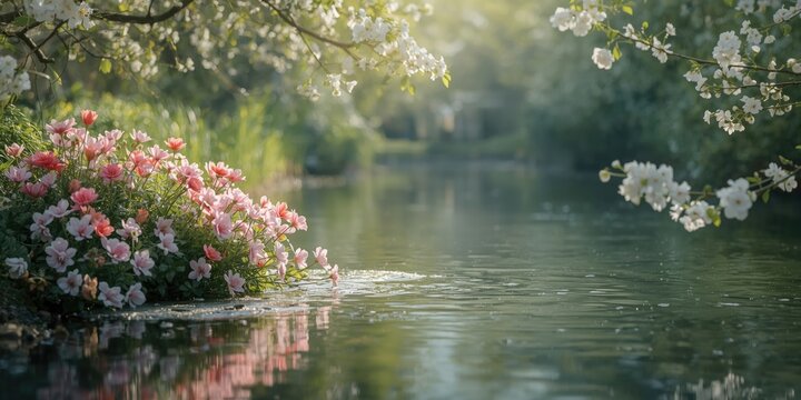 Flowering plants along a peaceful riverbank in springtime