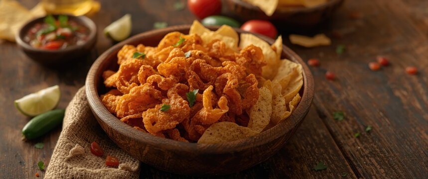 Pork rinds served with tangy salsa and crunchy corn tortilla chips