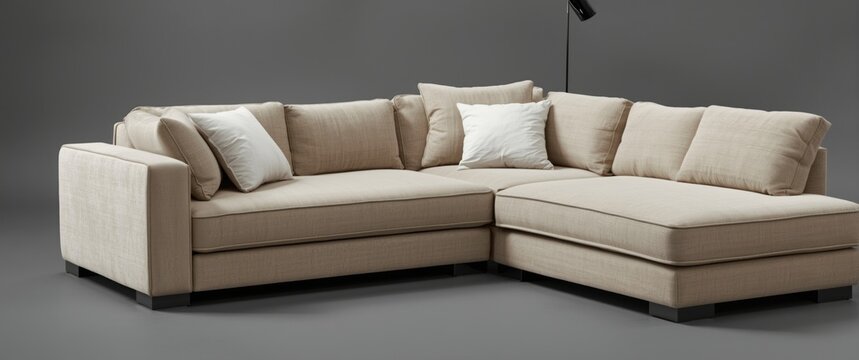 Beige sectional sofa with cushions in modern interior setting