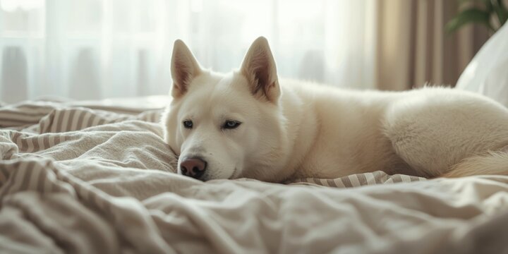 White dog resting on a bed with soft bedding