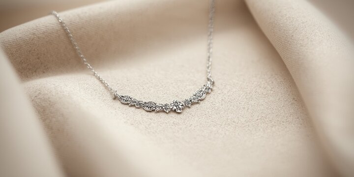 Silver necklace set against a neutral toned cloth background