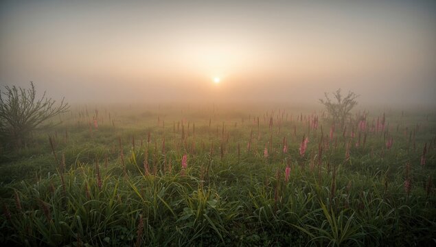 Soft fog at sunrise over green grassy land dotted with pink flowering plants