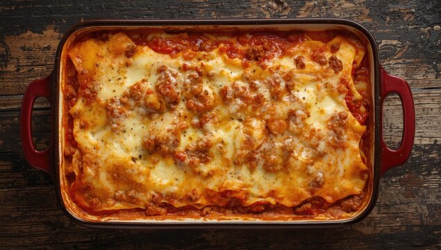 Overhead shot of baked lasagna layered with ground beef bolognese in ceramic dish on old wooden background with copy space