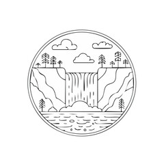 Fototapeta premium Linear art illustration of a cascading waterfall into a calm lake surrounded by trees and clouds
