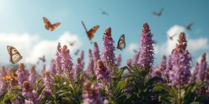 Purple flowering plants with a butterfly amid a clear blue sky scene