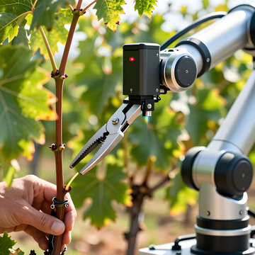 Extreme close-up of a matte-black robotic pruner arm with a silver-plated laser-sensor head, carefully positioning shears near a green vine stem.