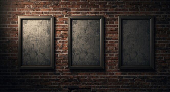 Old brick wall with three empty vertical poster frames mockup