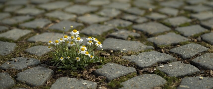 Daisies growing between cobblestones in a walkway