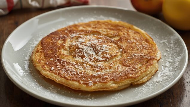 Fluffy pancake dusted with powdered sugar on a plate