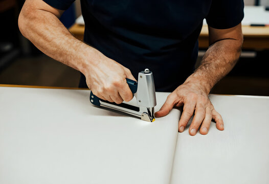 Artisan's hands using a heavy, magnetic staple-gun to fix a linen under-lining to the frame of an antique sofa.