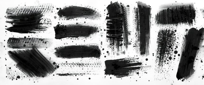 Black acrylic paint strokes and splatters on white background
