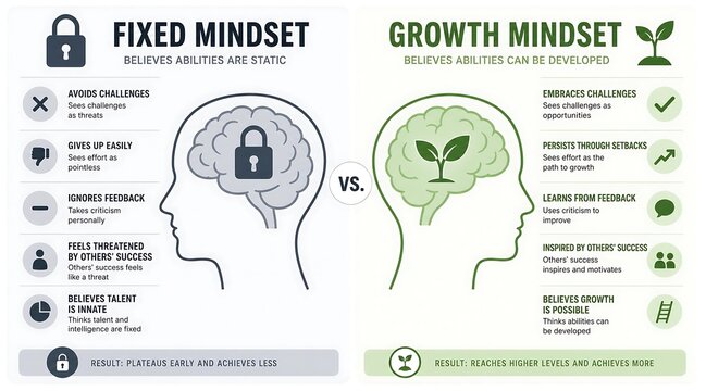 Fixed versus growth mindset comparison infographic showing brain development