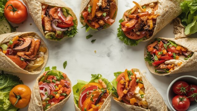 Top perspective of assorted vibrant sandwich wraps and fresh ingredients on white table with room for text