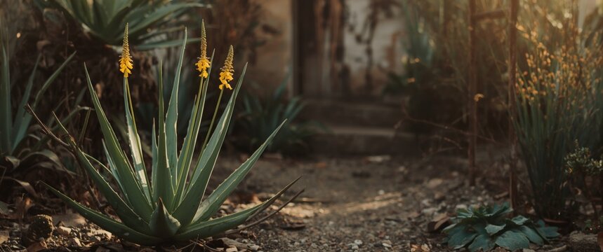 Natural aloe vera plant with radiant yellow blooms glowing gently in a quiet garden
