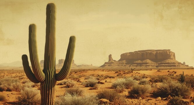 vintage desert scene with wild west style cactus illustration
