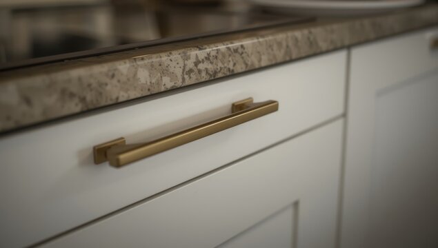 Brushed gold drawer handle on white kitchen cabinet
