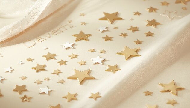 Minimalist design with bright white and muted gold stars on a soft backdrop