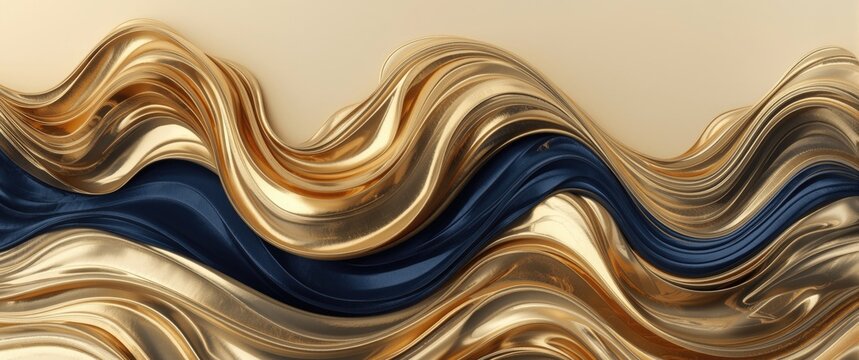 Opulent abstract waves in gold and navy blue creating a stylish background with copy space for text