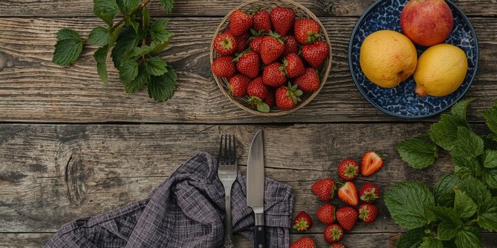 Natural outdoor scene with fresh strawberries set on a weathered wooden tabletop along with sliced fruits and cutlery