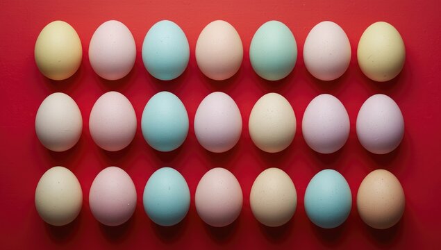 Pastel toned Easter eggs in horizontal order on a vibrant red canvas for holiday decoration