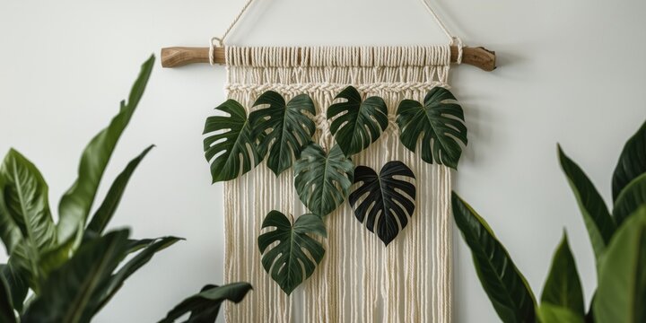 Macrame wall hanging decorated with green leaves