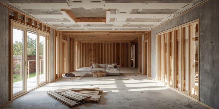 Under-construction living room with wooden framing and furniture