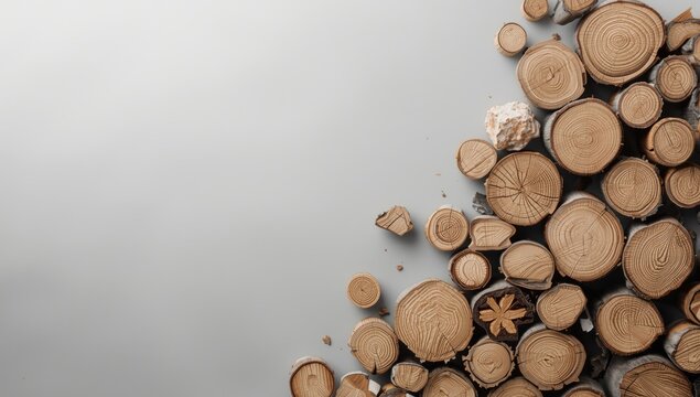 Organic wooden logs texture displayed on gentle gray background ideal for spa and environmental copy space