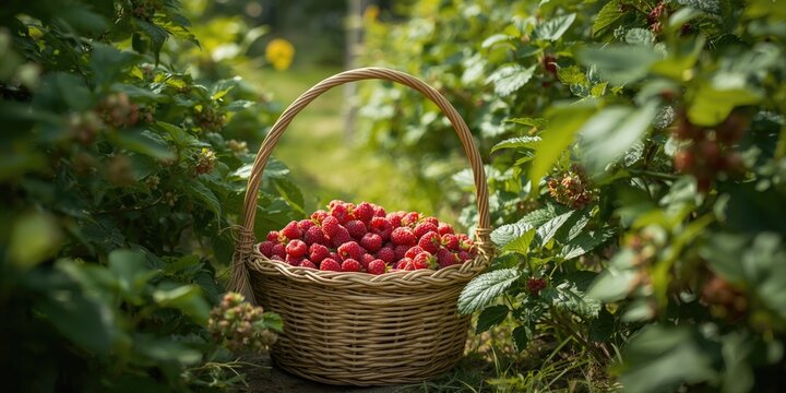Basket full of fresh raspberries in a garden