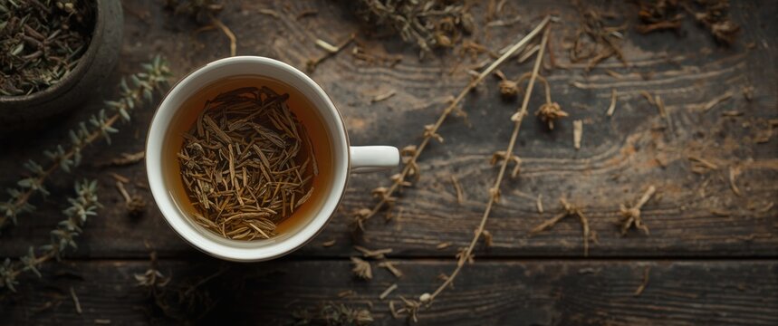 Overhead shot of aromatic thyme herbal tea featuring copy space