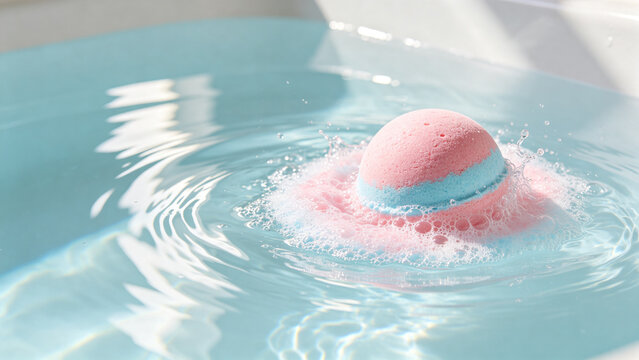 Colorful bath bomb dissolving in sparkling water with bubbles