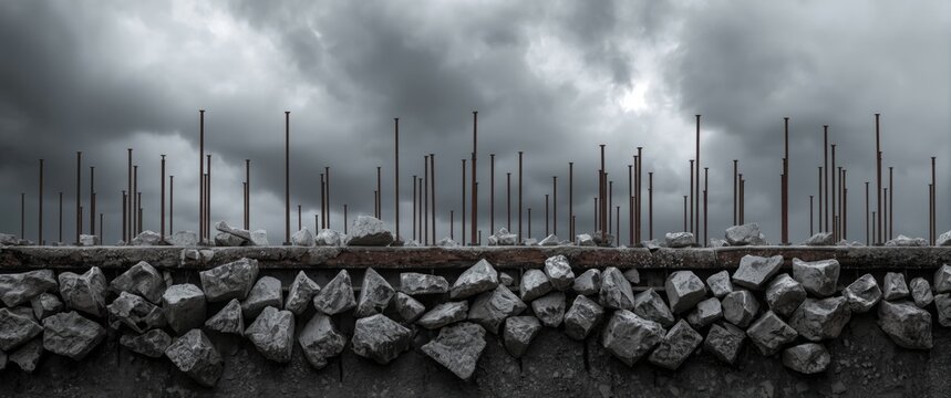 Concrete foundation with protruding steel rebars under cloudy sky