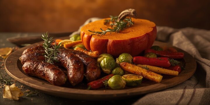 Rustic platter with roasted sausages, pumpkin, and garden fresh seasonal vegetables topped with herbs