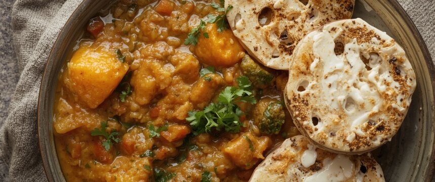 Red lentil and sweet potato curry served with grilled flatbread