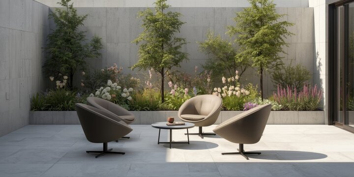 Outdoor seating area with modern chairs and decorative plants