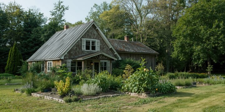 Quiet farmhouse nestled beside a rich farmer garden and covered with vinyl siding
