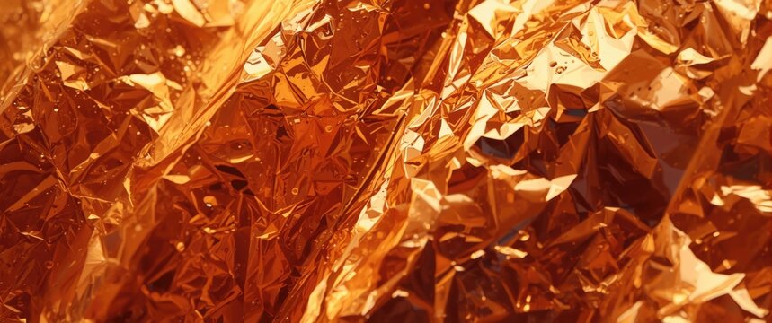 Crinkled orange foil texture background close-up
