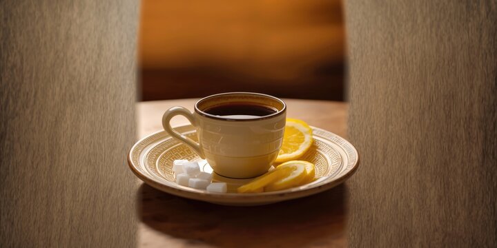 Cup of coffee with lemon slices and sugar on a plate
