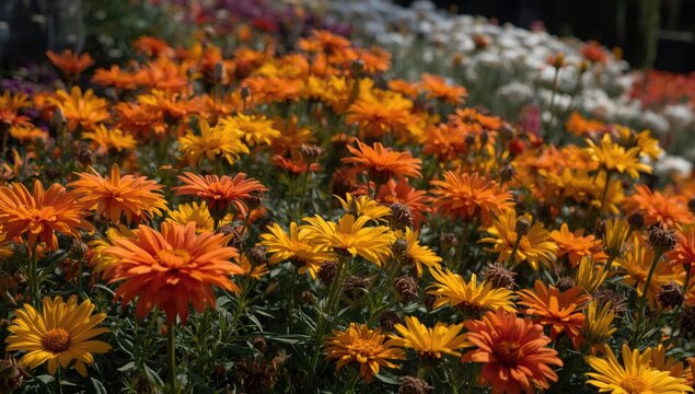 Colorful orange and yellow flowers in a garden