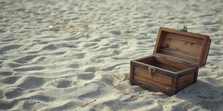 Open wooden treasure chest on sandy beach