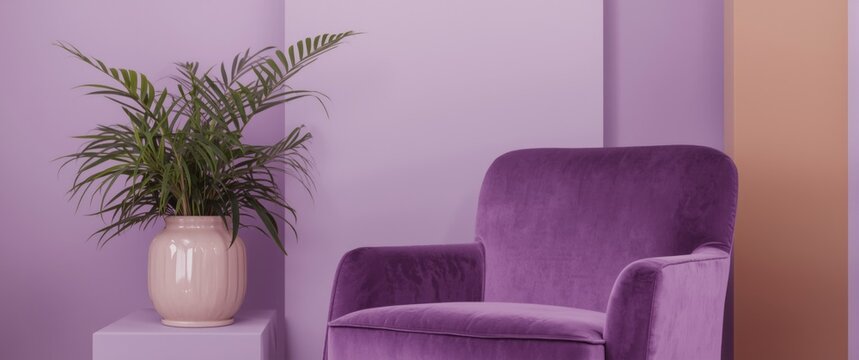 Stylish purple studio space with pastel color walls showcasing a plant pot and armchair for elegant presentation use