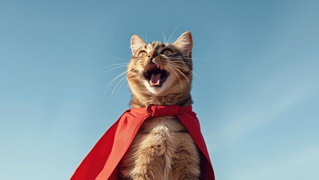 Cat wearing a superhero cape against a blue sky