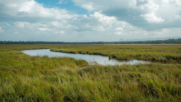Open marshland with vibrant ecological diversity