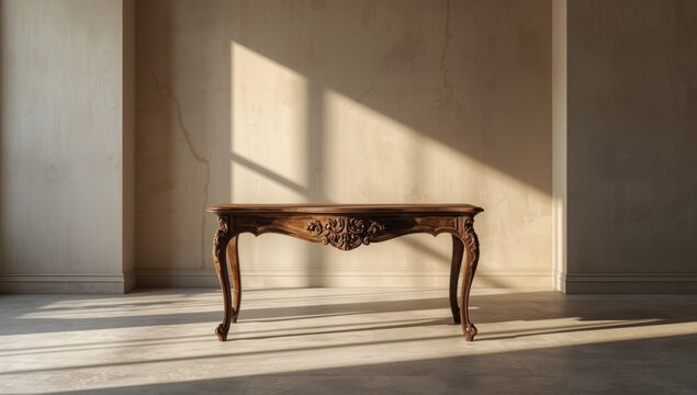 Natural light and shadows accentuating a vintage wooden table in an elegant modern interior designed for product presentation