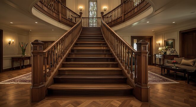 Elegant wooden staircase with split landing and herringbone floor in a luxurious home