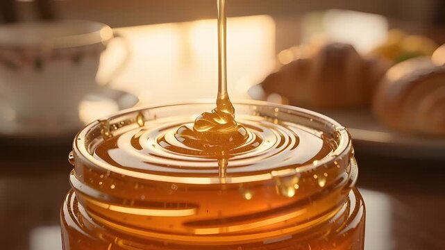 Macro shot of golden honey pouring into a glass jar with warm bokeh
