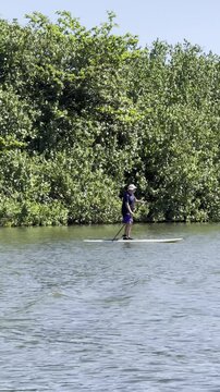 21 October 2024, USA, Hawaii, The Garden Isle, Kauaʻi, Kapaa, Wailua River - adventure standup paddling lush jungle riverbank
