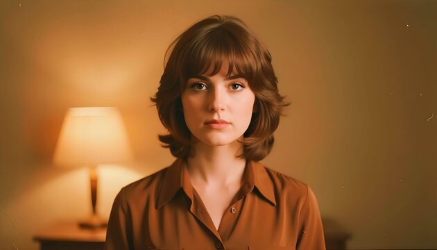 Close-up studio portrait of a beautiful young woman with brown hair and bangs wearing a brown shirt, looking directly at the camera with a serious, neutral expression against a warm brown background.