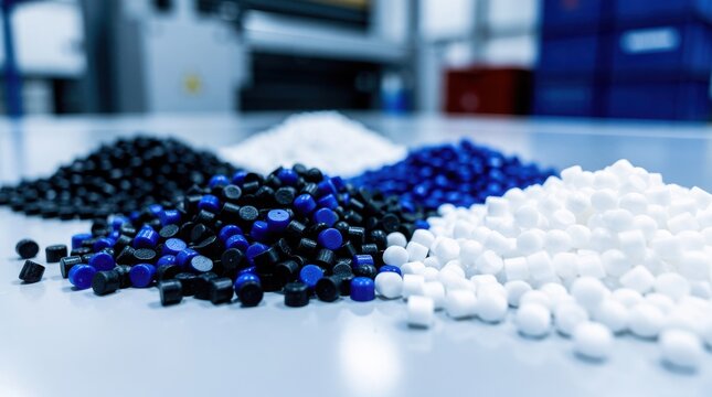 Small black, blue, and white plastic pellets scattered on a reflective surface, likely used as raw materials in manufacturing or molding processes.