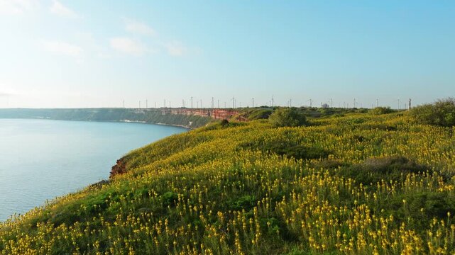 Cape Kaliakra peninsula spring aerial panoramic view Black Sea coast Bulgaria asphalt road winding drone shot morning sun green rocky cliff ocean horizon travel destination web header